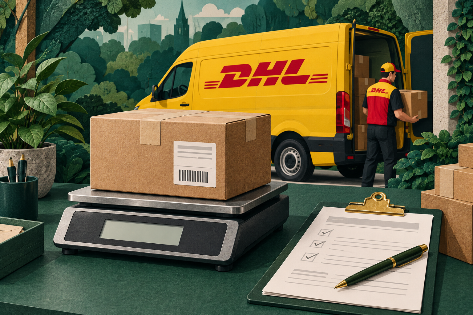Editorial illustration of DHL eCommerce shipping, parcels and carrier cost planning