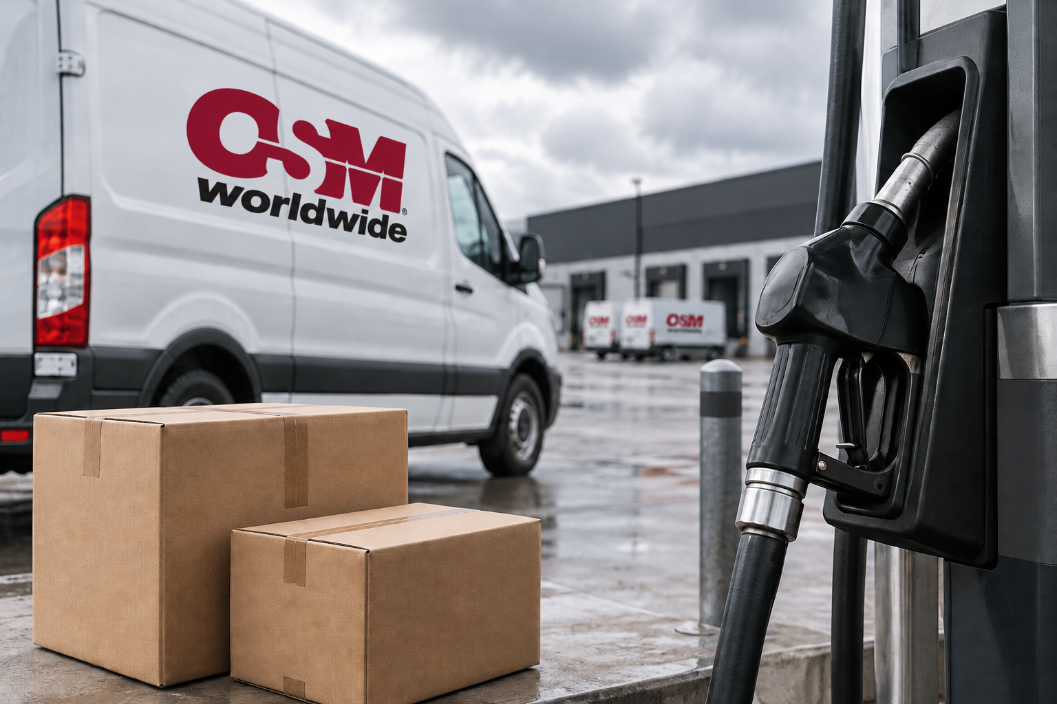 AI-generated editorial composite of an OSM Worldwide van and fuel nozzle